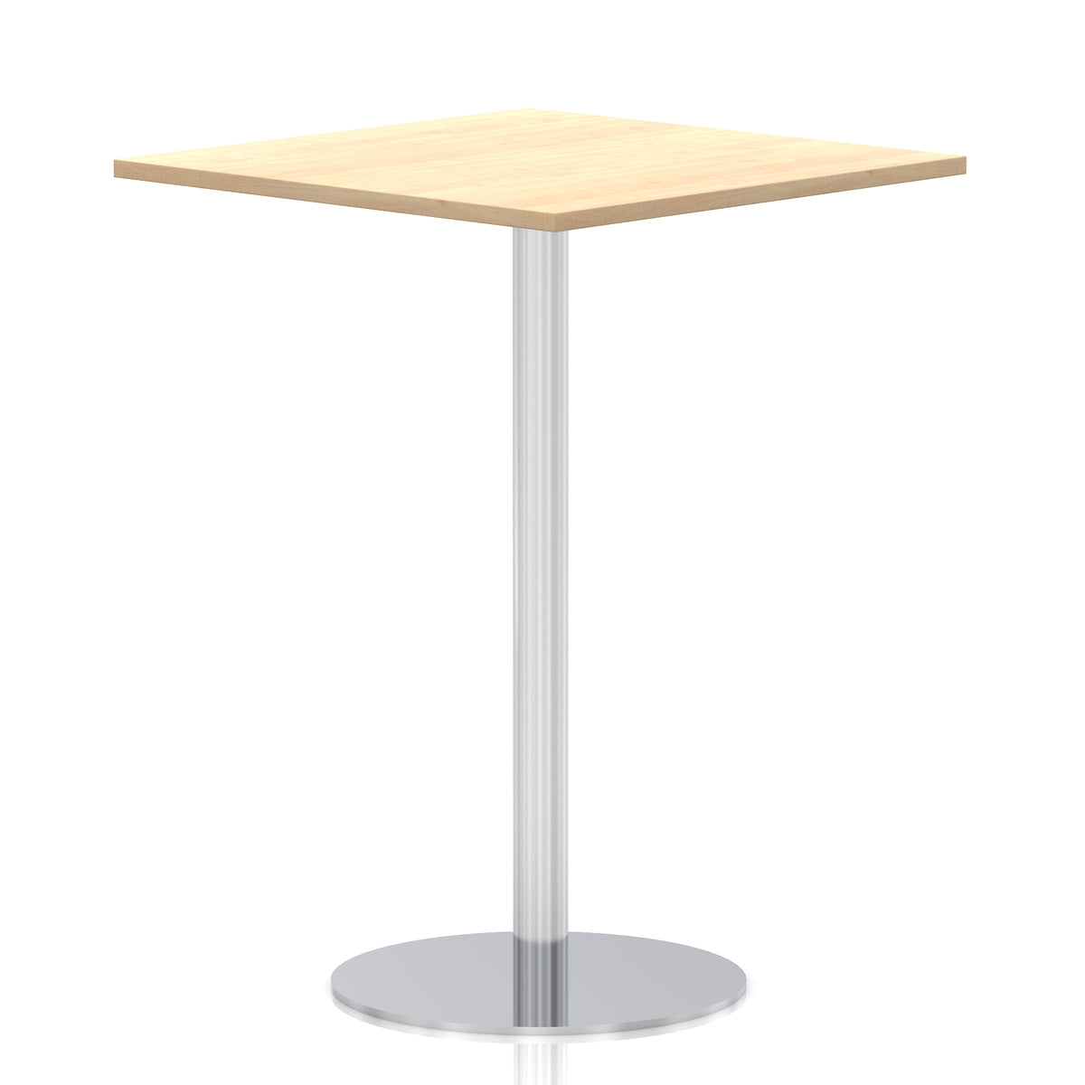 Square high table with a wood-effect top and silver cylindrical base on a white background