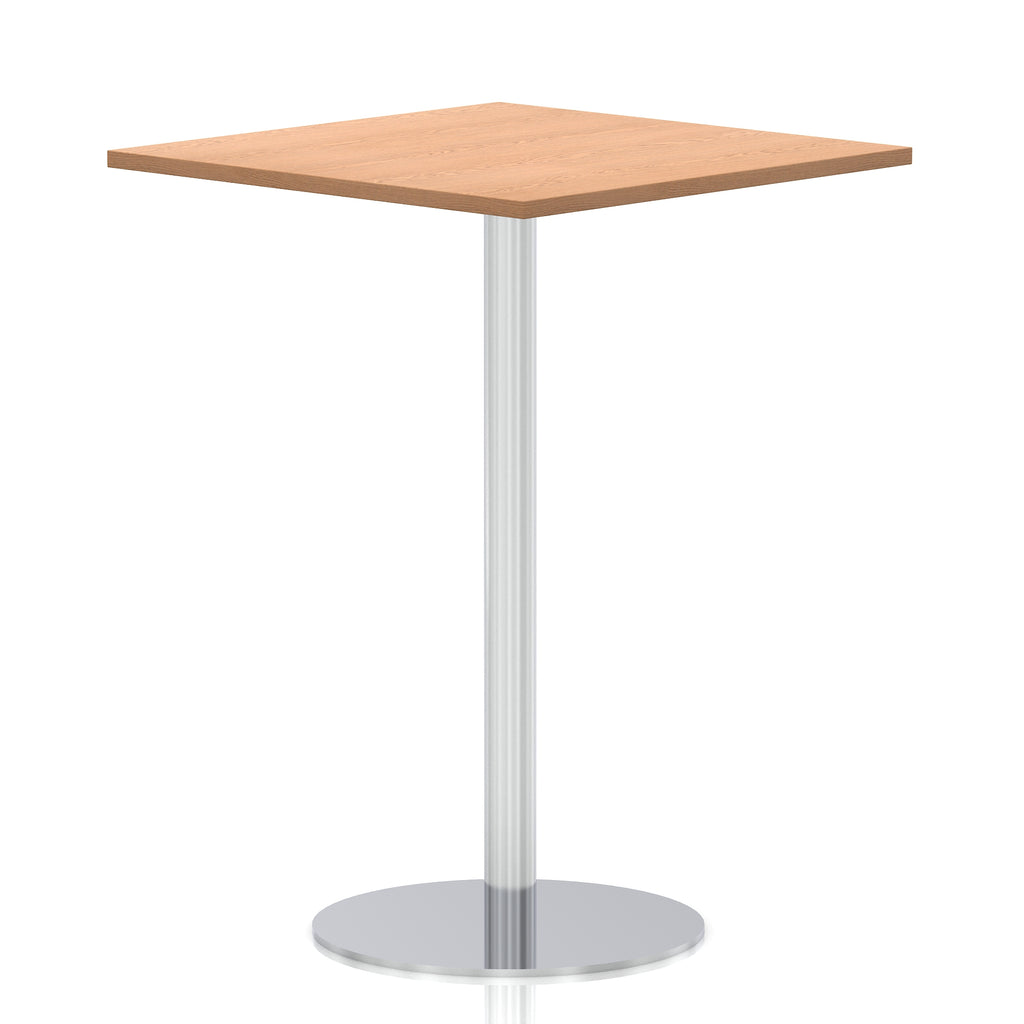 Square high table with a wood-effect top and silver cylindrical base on a white background