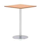 Square high table with a wood-effect top and silver cylindrical base on a white background