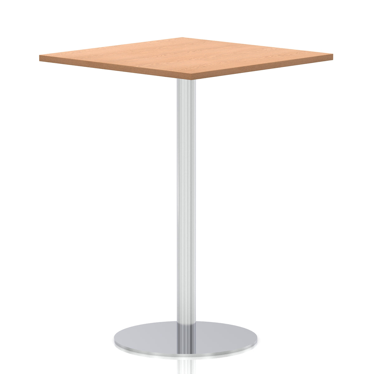 Square high table with a wood-effect top and silver cylindrical base on a white background