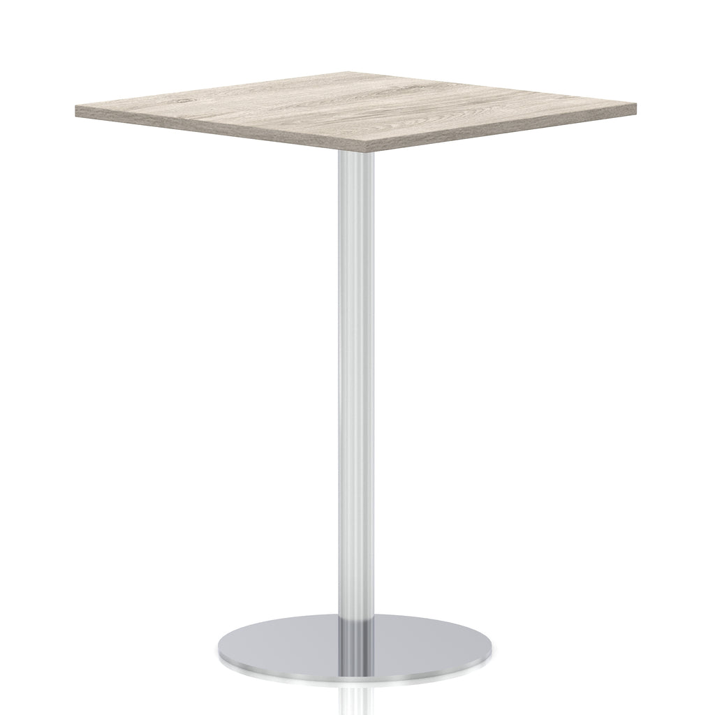 Square high table with a wood-effect top and silver cylindrical base on a white background