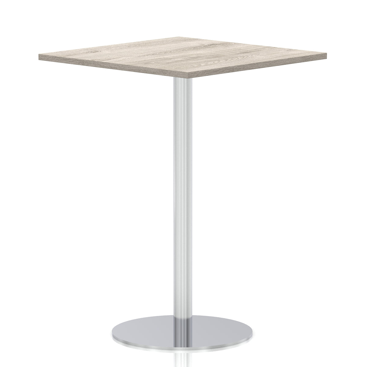 Square high table with a wood-effect top and silver cylindrical base on a white background