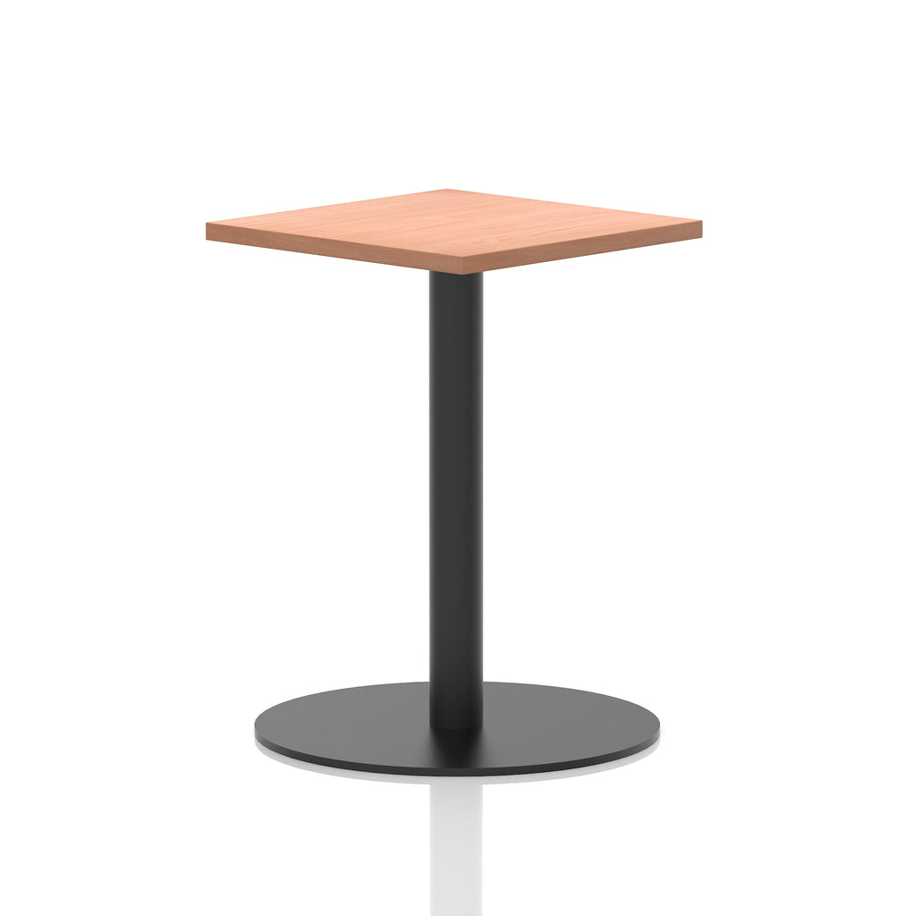Square table with a wood-effect top and black cylindrical base on a white background