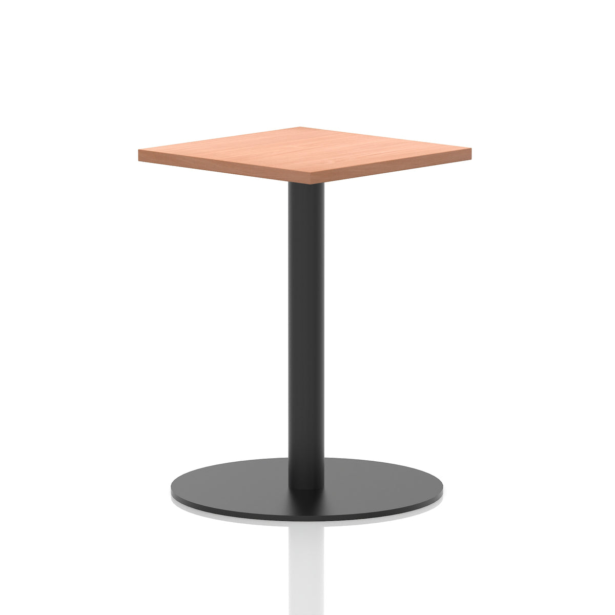 Square table with a wood-effect top and black cylindrical base on a white background