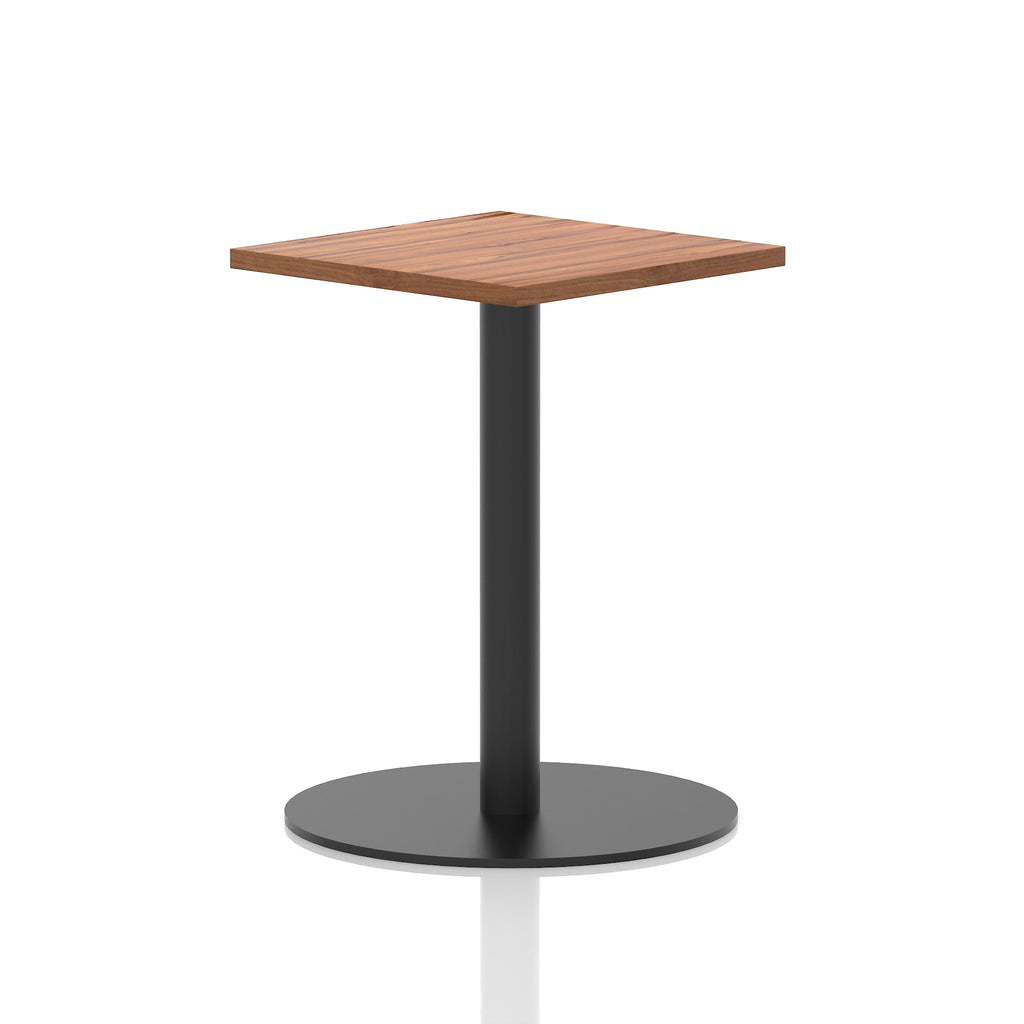 Square table with a wood-effect top and black cylindrical base on a white background