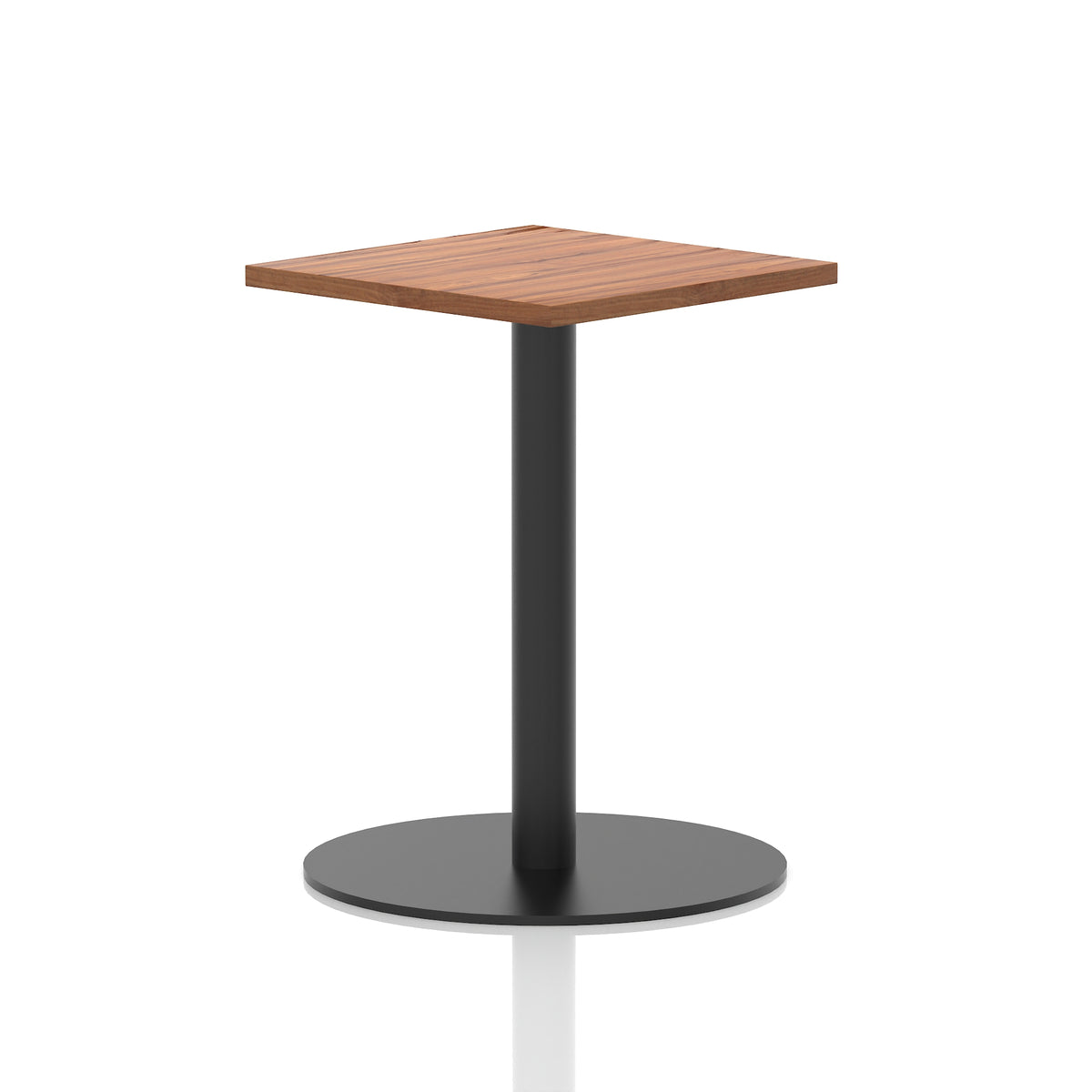 Square table with a wood-effect top and black cylindrical base on a white background