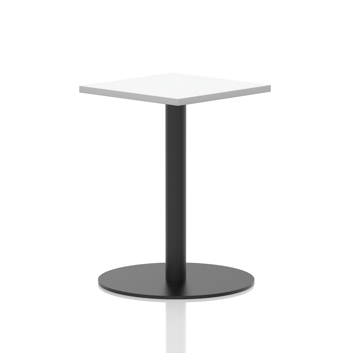 Square table with a white top and black cylindrical base on a white background