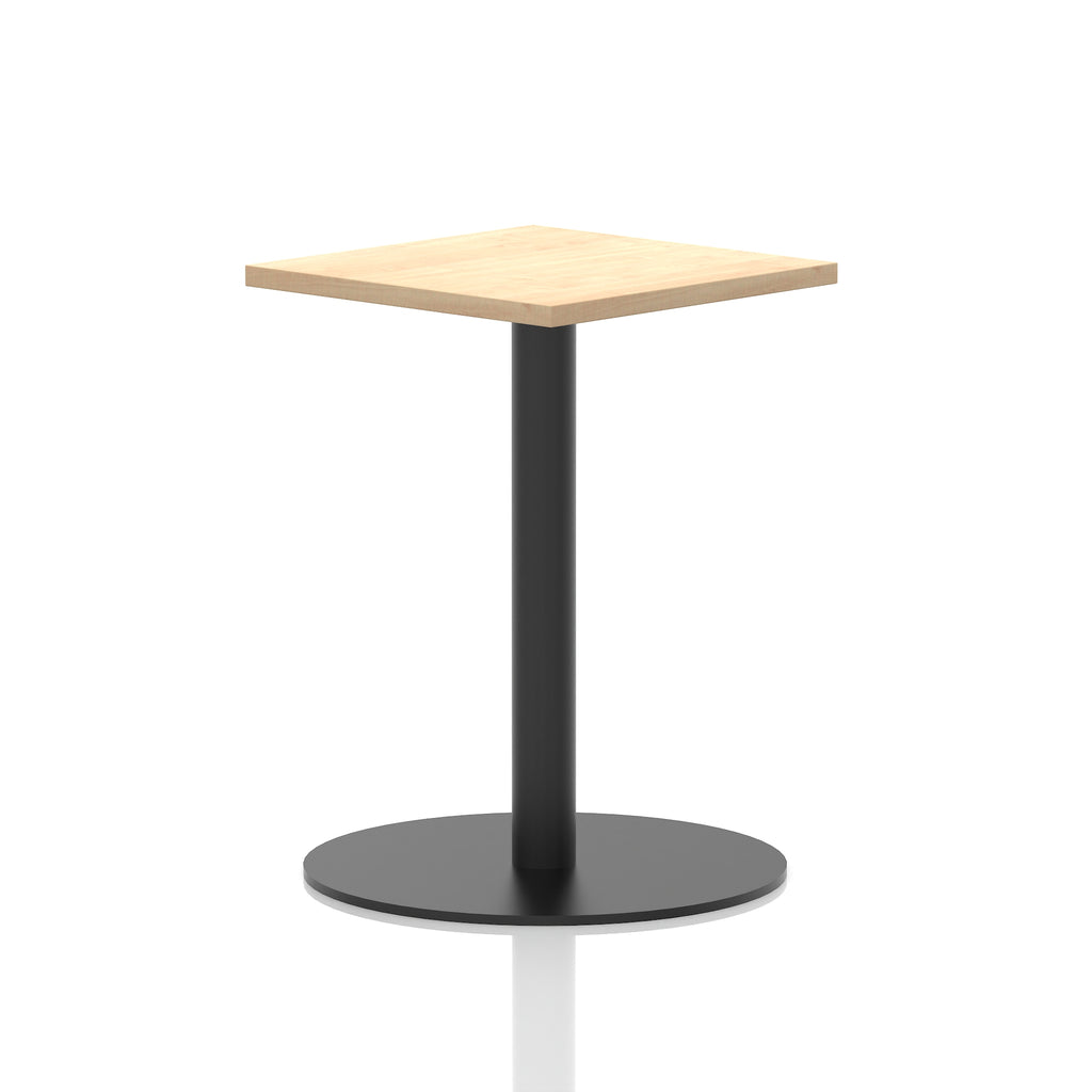 Square table with a wood-effect top and black cylindrical base on a white background