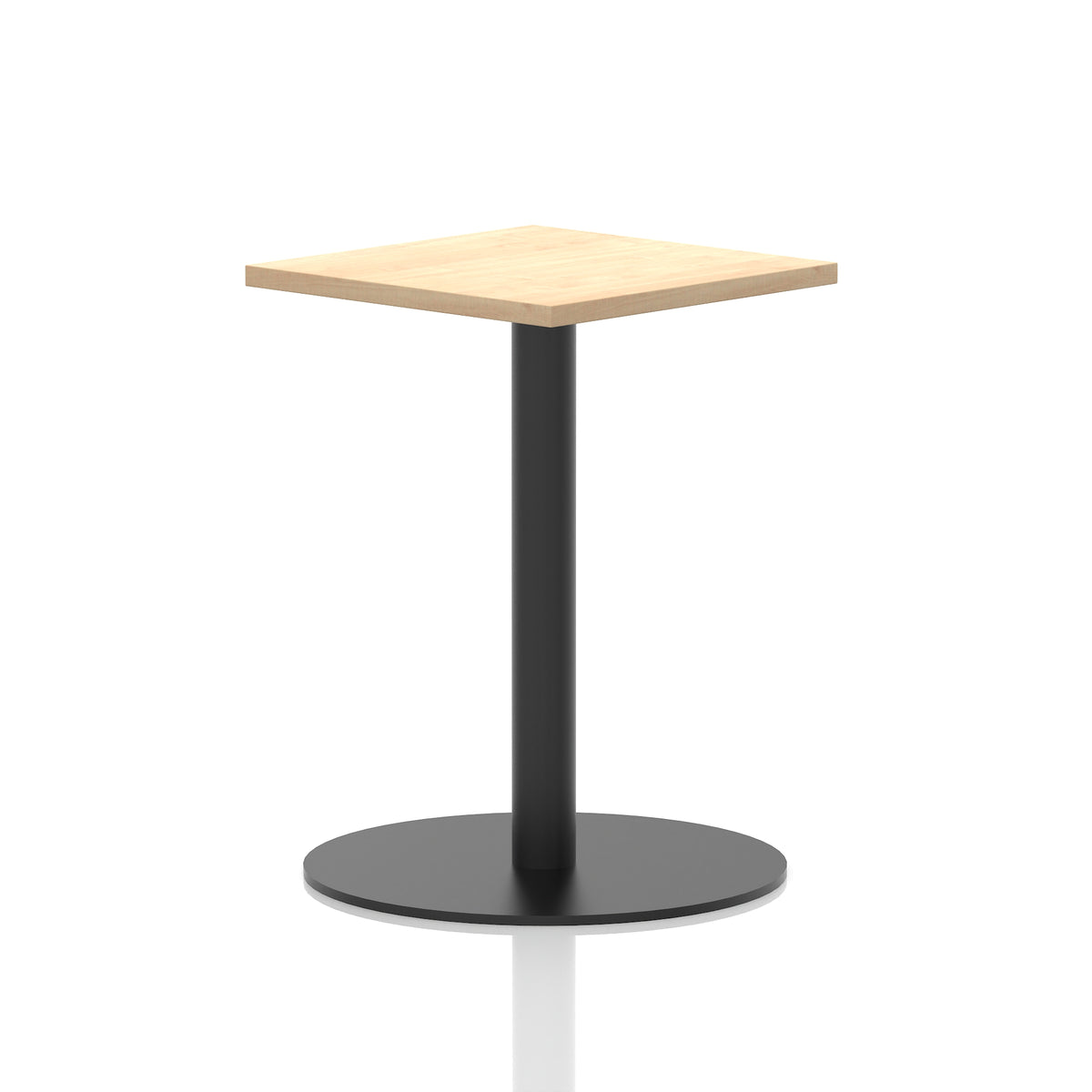 Square table with a wood-effect top and black cylindrical base on a white background