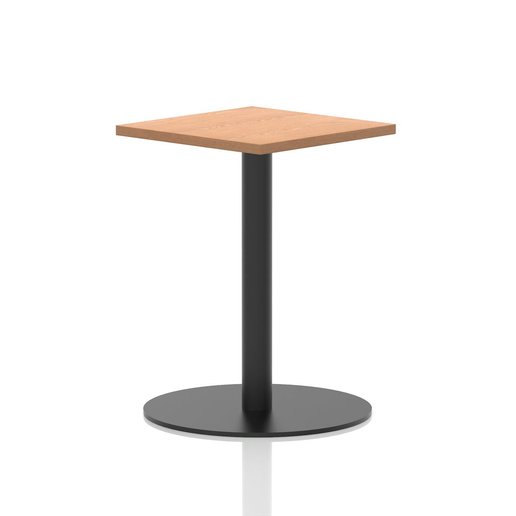 Square table with a wood-effect top and black cylindrical base on a white background