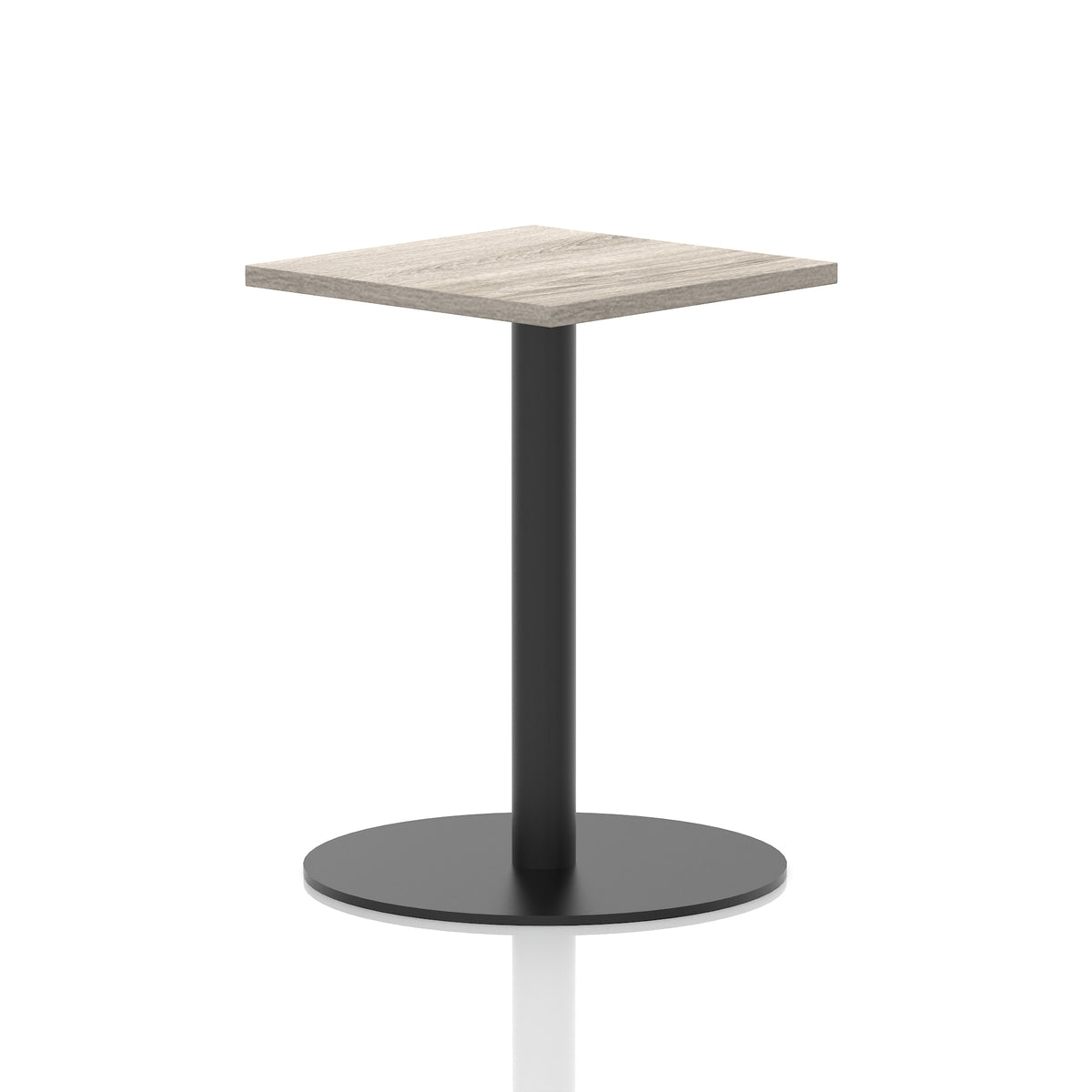 Square table with a grey wood-effect top and black cylindrical base on a white background