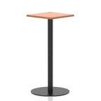 Square high table with a wood-effect top and black cylindrical base on a white background
