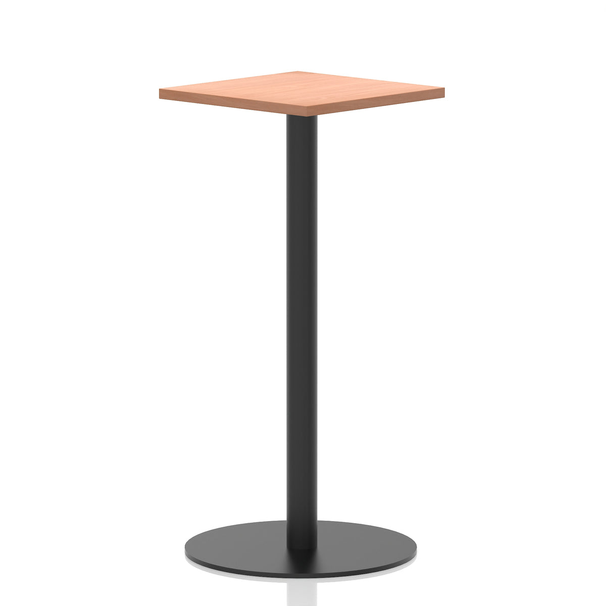 Square high table with a wood-effect top and black cylindrical base on a white background