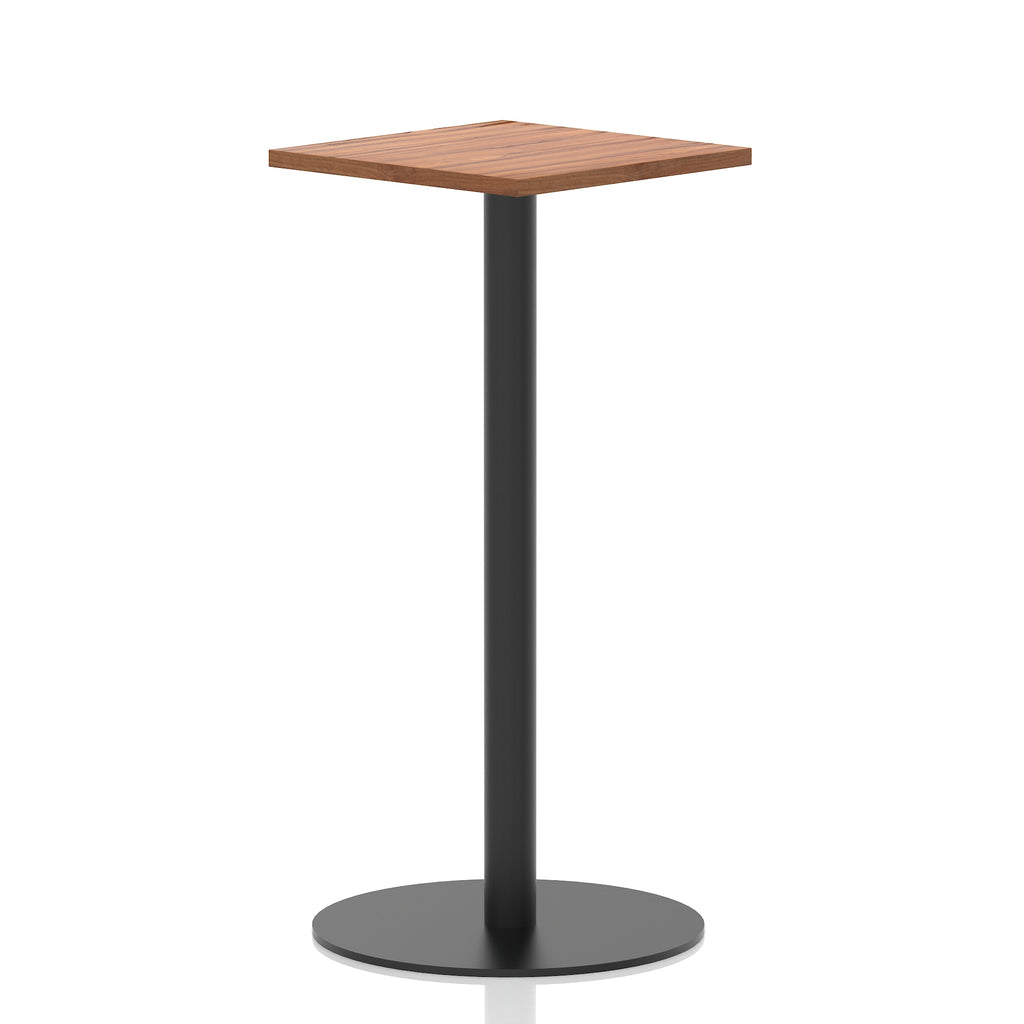 Square high table with a wood-effect top and black cylindrical base on a white background
