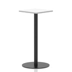 Square high table with a white top and black cylindrical base on a white background