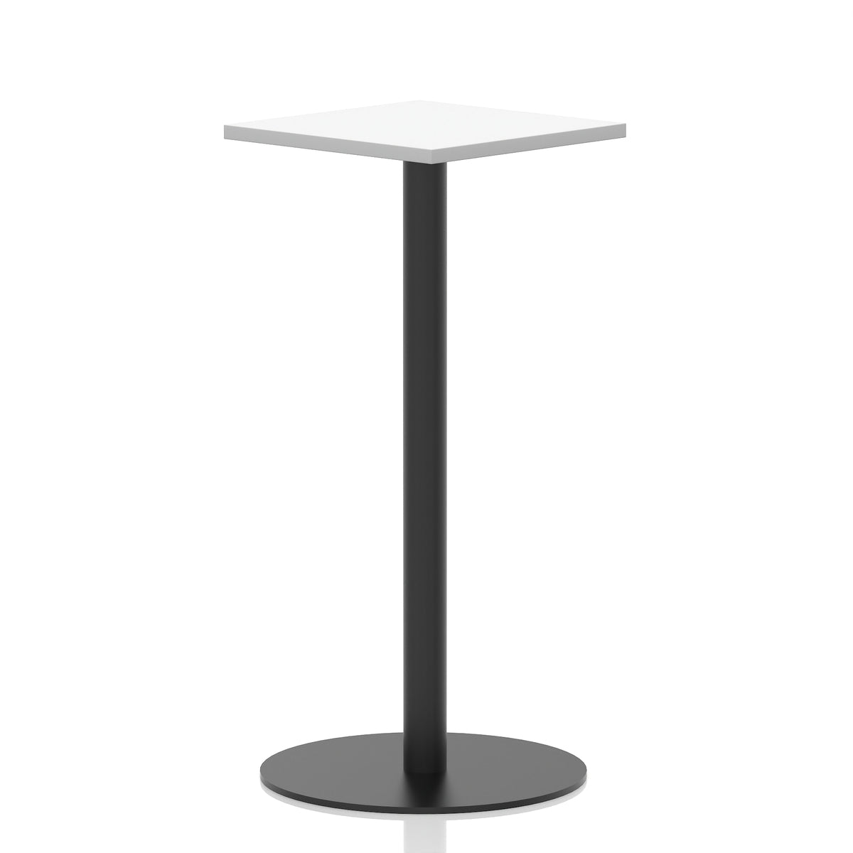 Square high table with a white top and black cylindrical base on a white background
