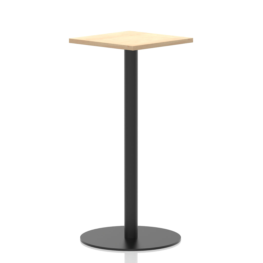 Square high table with a wood-effect top and black cylindrical base on a white background