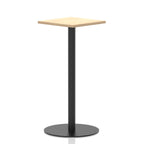 Square high table with a wood-effect top and black cylindrical base on a white background