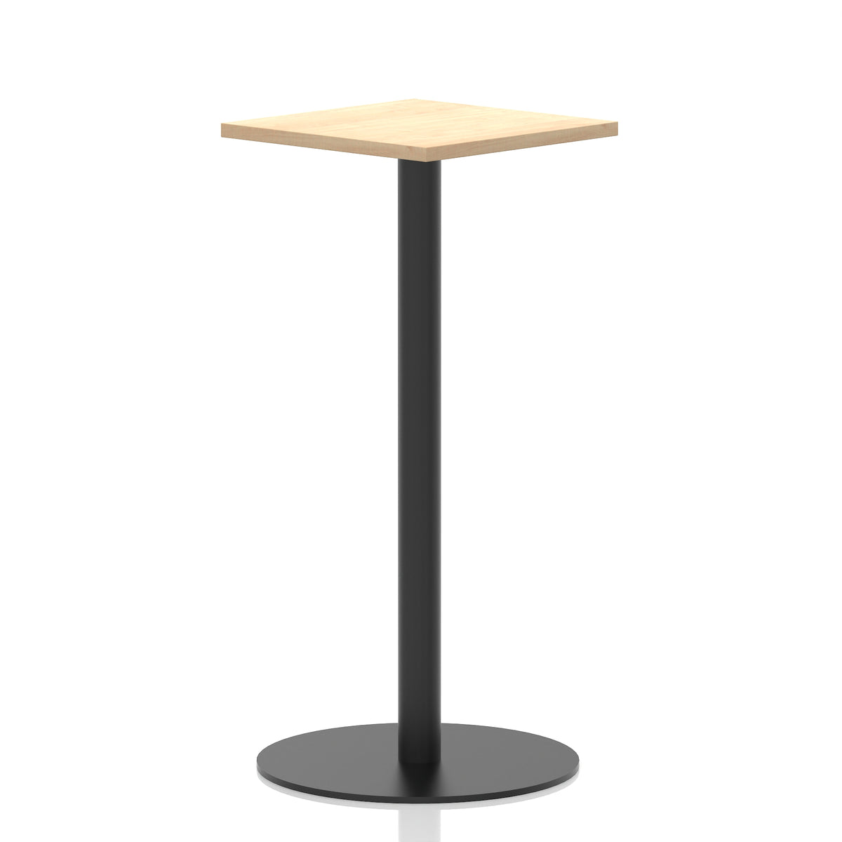 Square high table with a wood-effect top and black cylindrical base on a white background