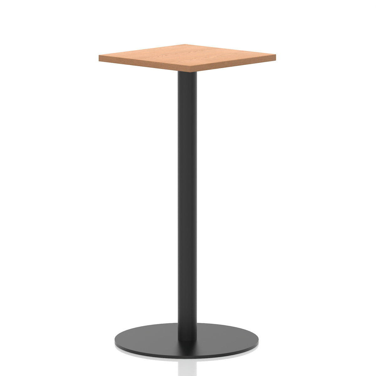Square high table with a wood-effect top and black cylindrical base on a white background