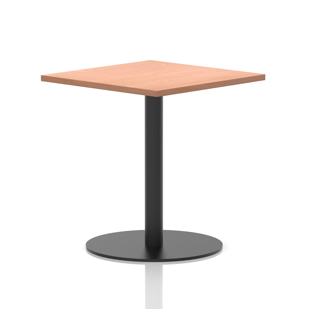 Square table with a wood-effect top and black cylindrical base on a white background