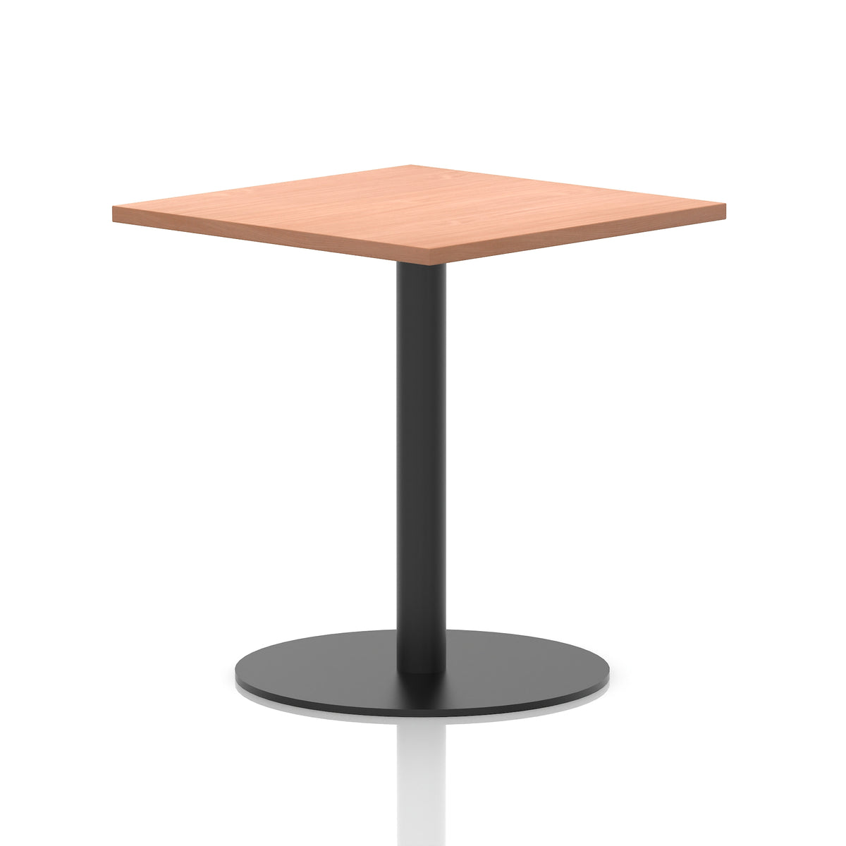Square table with a wood-effect top and black cylindrical base on a white background
