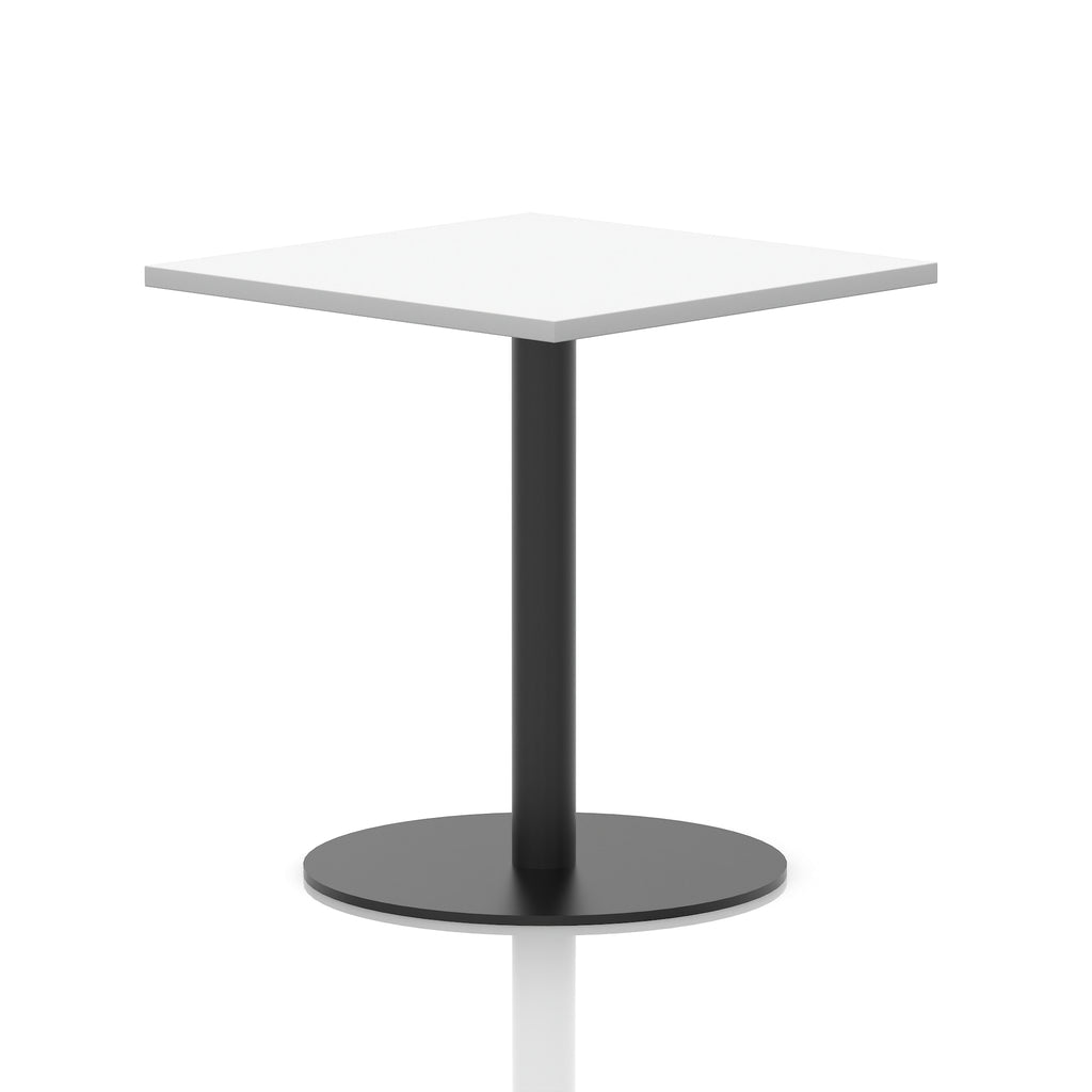 Square table with a white top and black cylindrical base on a white background