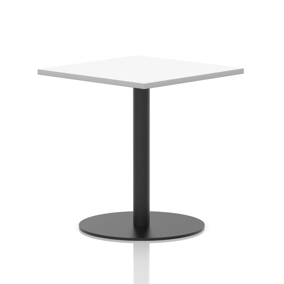 Square table with a white top and black cylindrical base on a white background