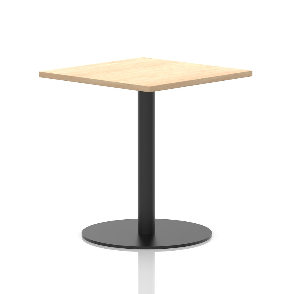 Square table with a wood-effect top and black cylindrical base on a white background