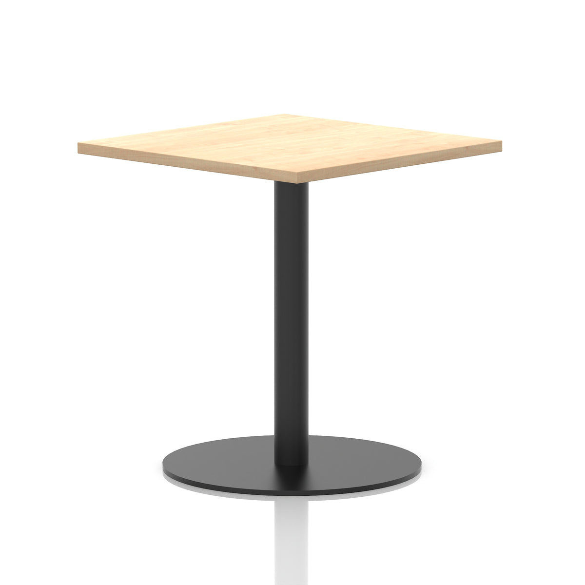Square table with a wood-effect top and black cylindrical base on a white background