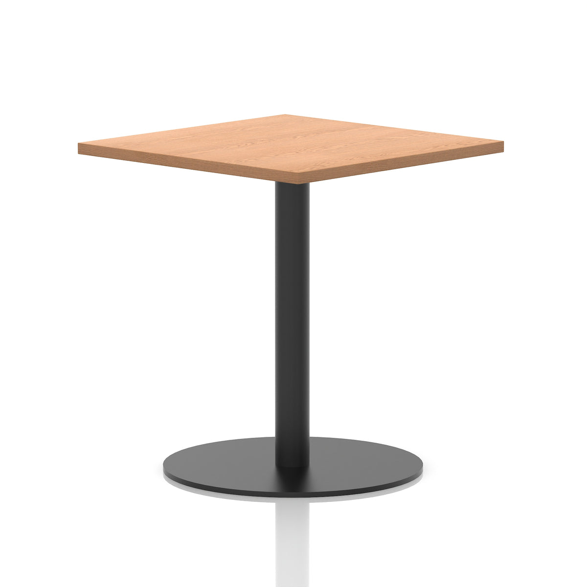 Square table with a wood-effect top and black cylindrical base on a white background