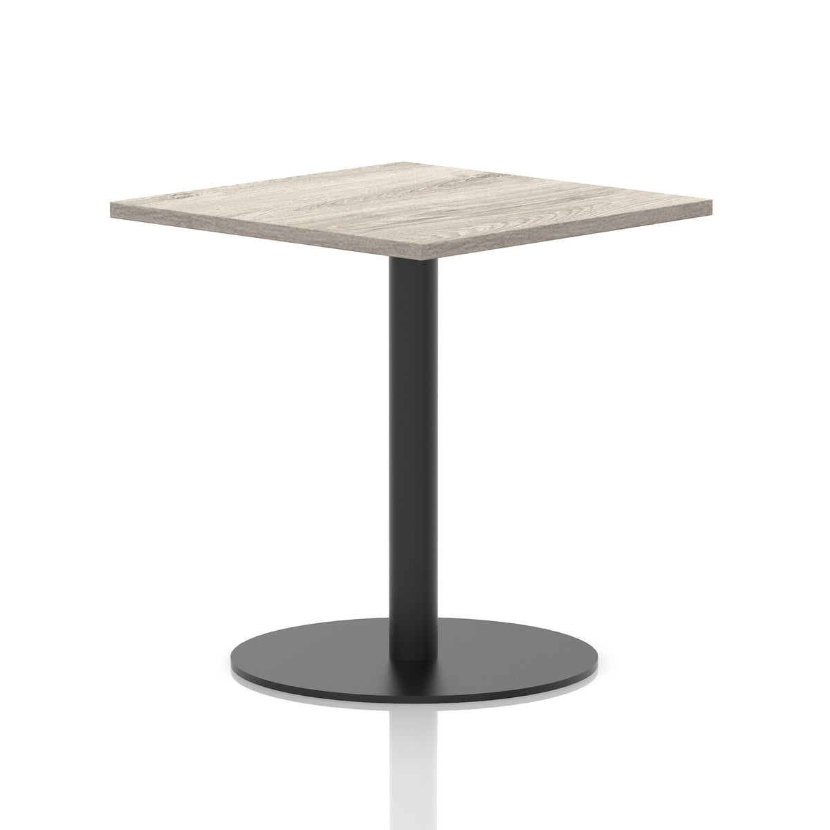 Square table with a grey wood-effect top and black cylindrical base on a white background