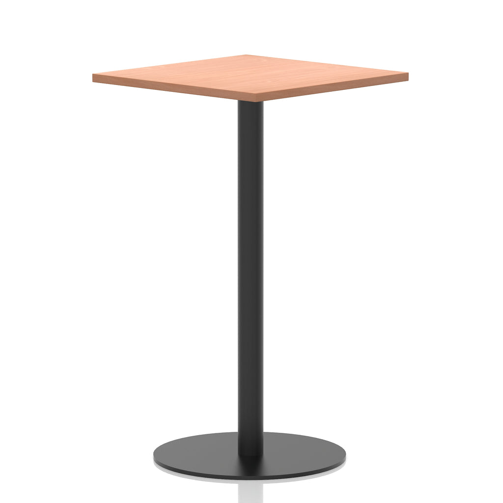 Square high table with a wood-effect top and black cylindrical base on a white background