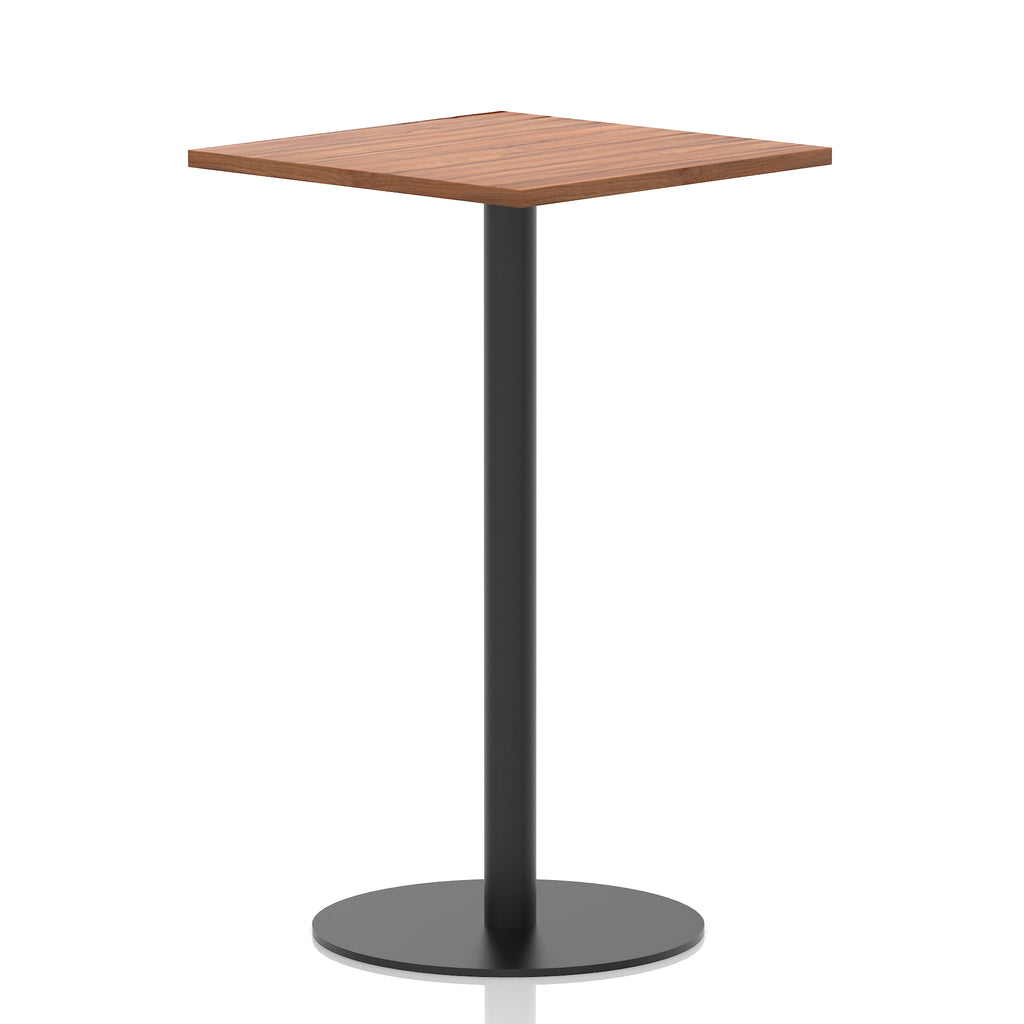 Square high table with a wood-effect top and black cylindrical base on a white background
