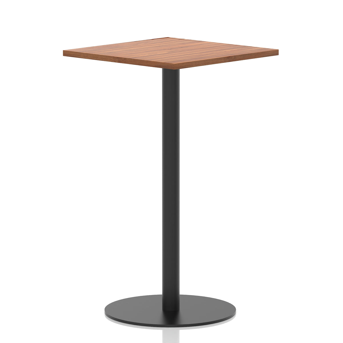 Square high table with a wood-effect top and black cylindrical base on a white background