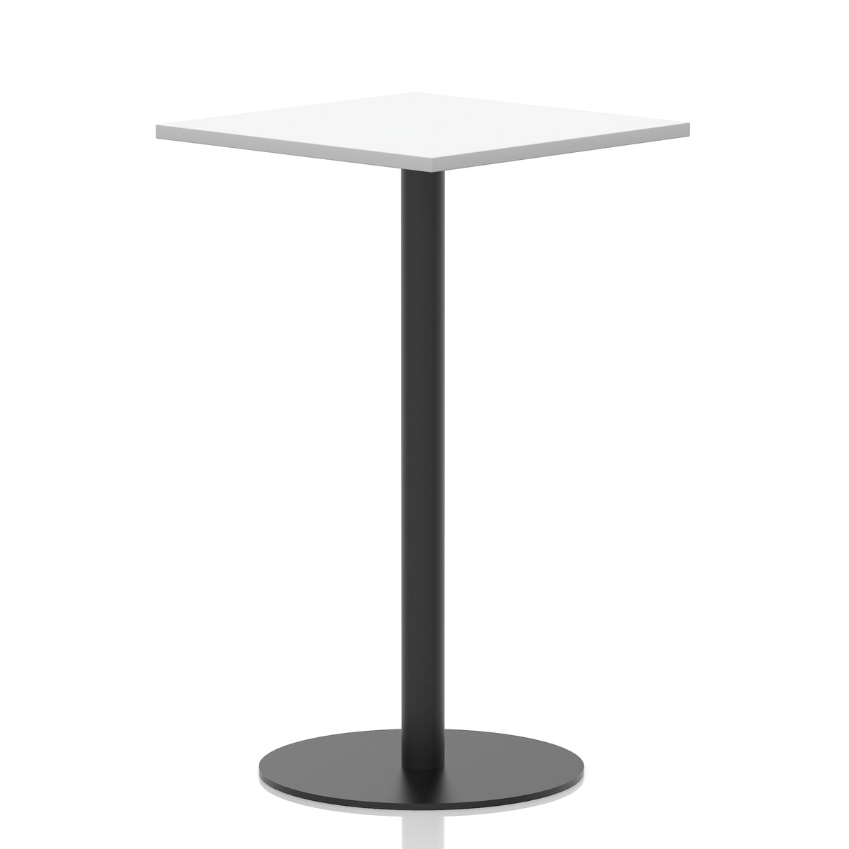 Square high table with a white top and black cylindrical base on a white background