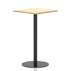 Square high table with a wood-effect top and black cylindrical base on a white background