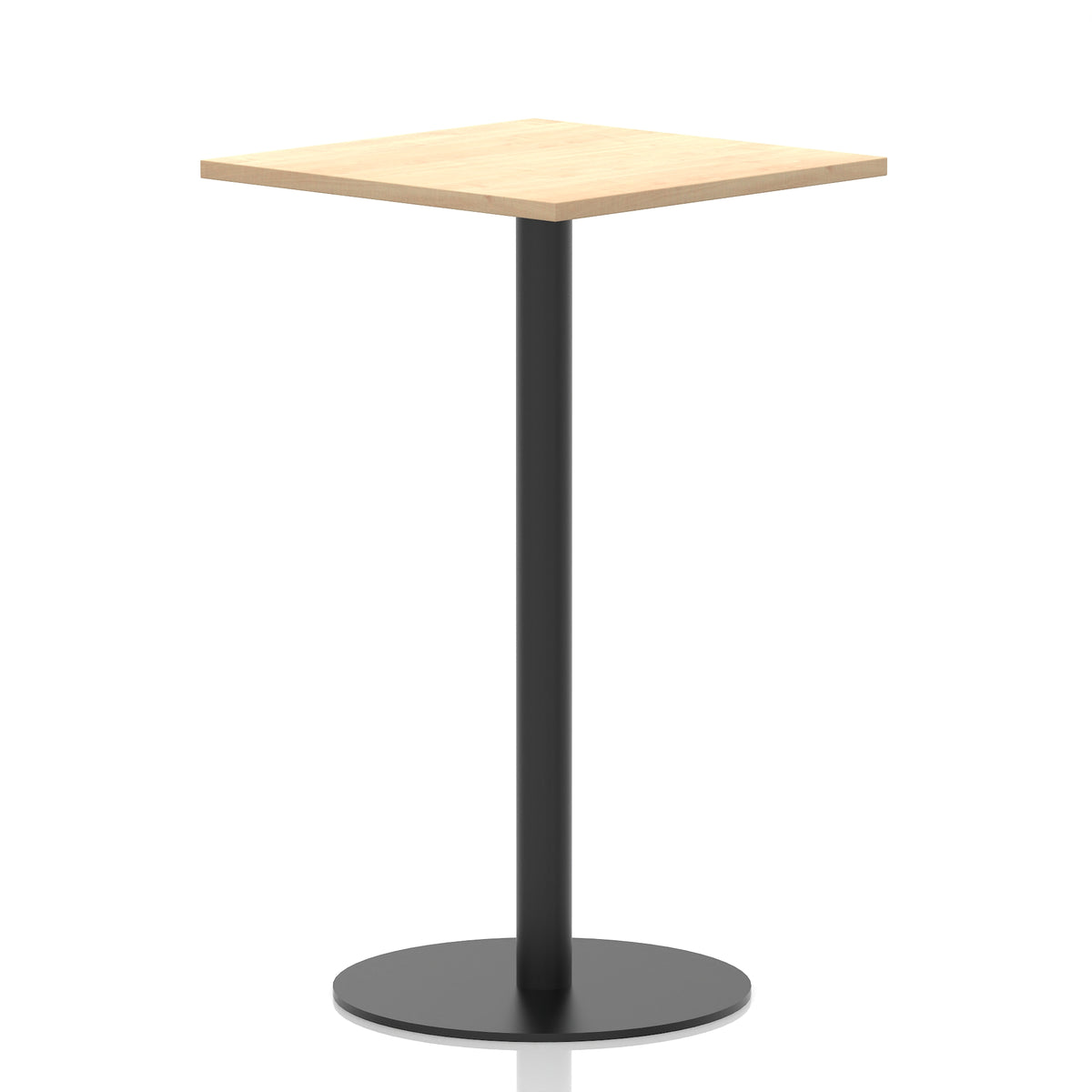Square high table with a wood-effect top and black cylindrical base on a white background