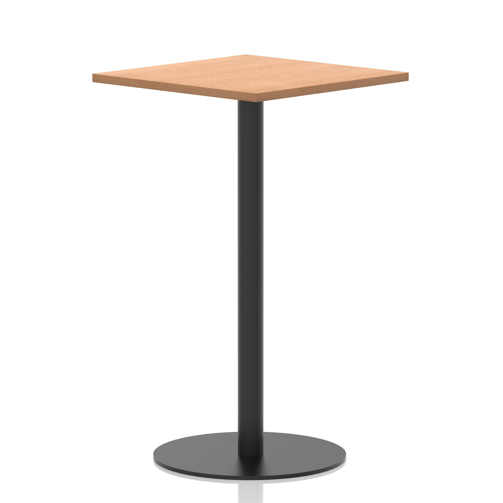 Square high table with a wood-effect top and black cylindrical base on a white background