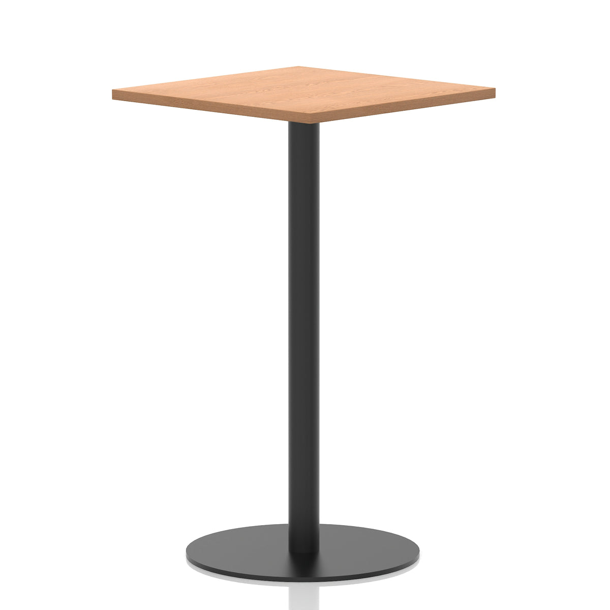 Square high table with a wood-effect top and black cylindrical base on a white background