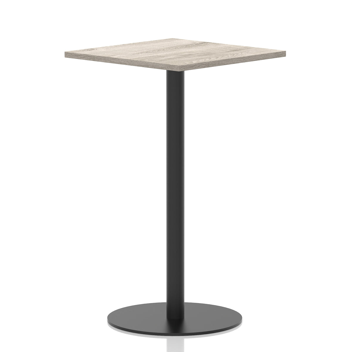 Square high table with a grey wood-effect top and black cylindrical base on a white background