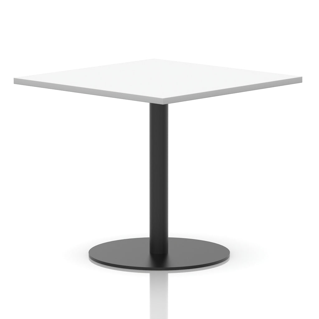 Square table with a white top and black cylindrical base on a white background
