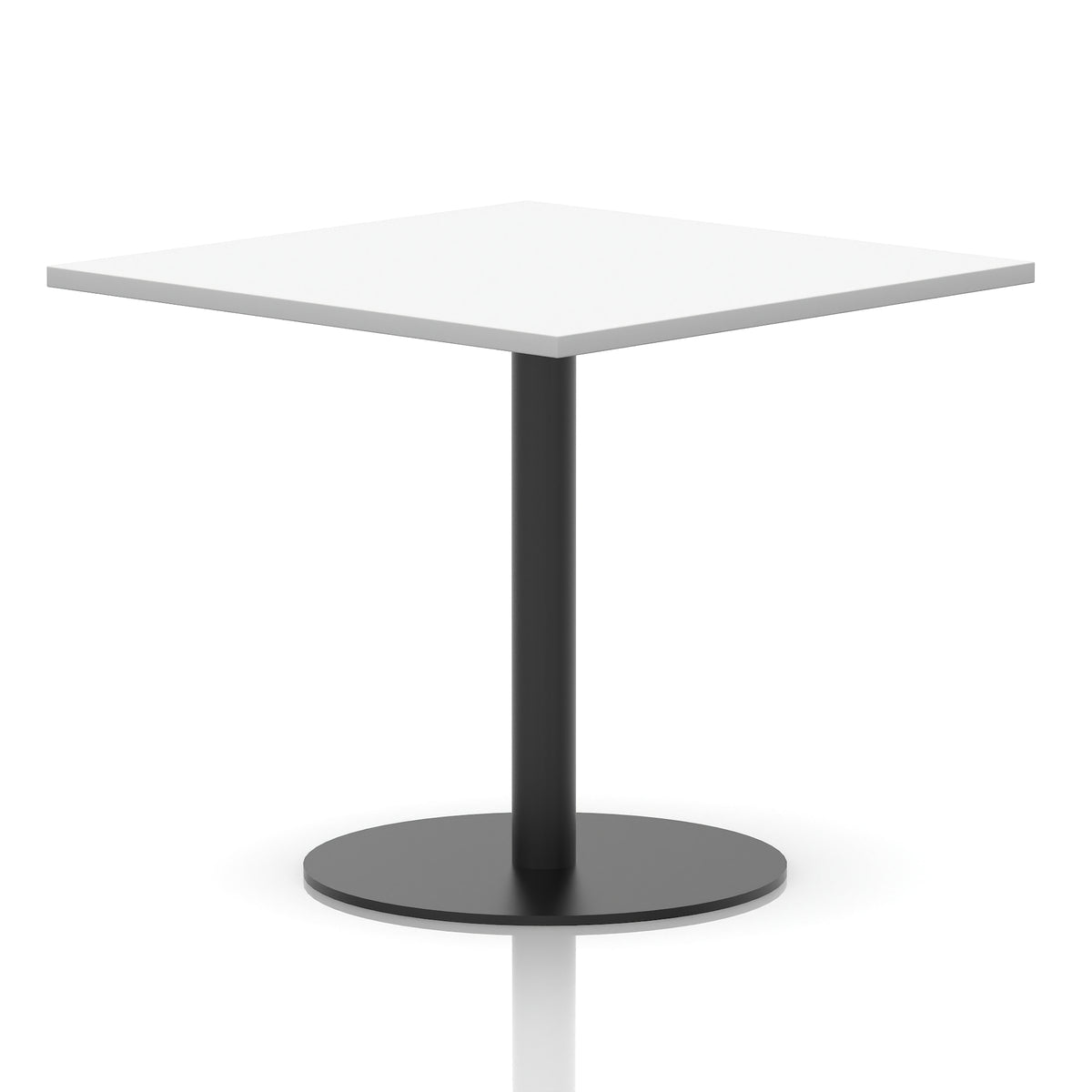 Square table with a white top and black cylindrical base on a white background