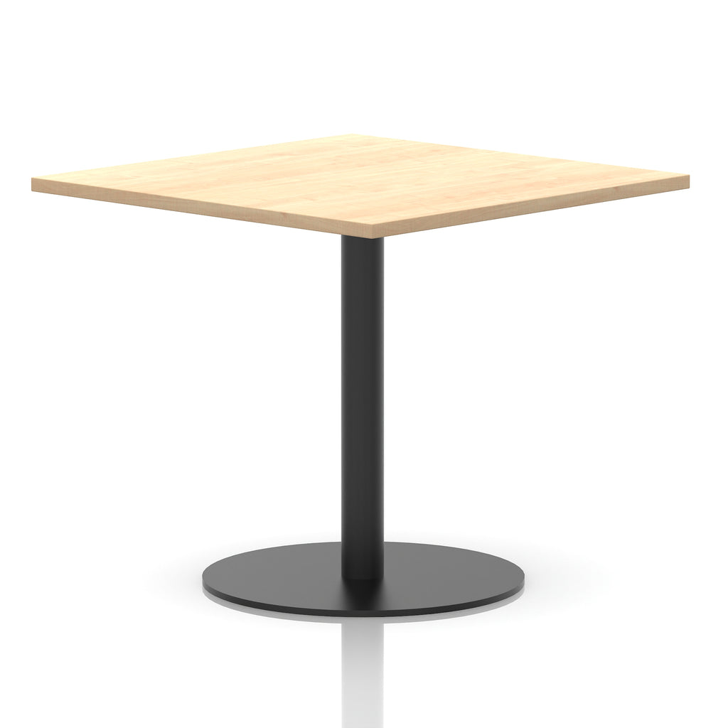 Square table with a wood-effect top and black cylindrical base on a white background