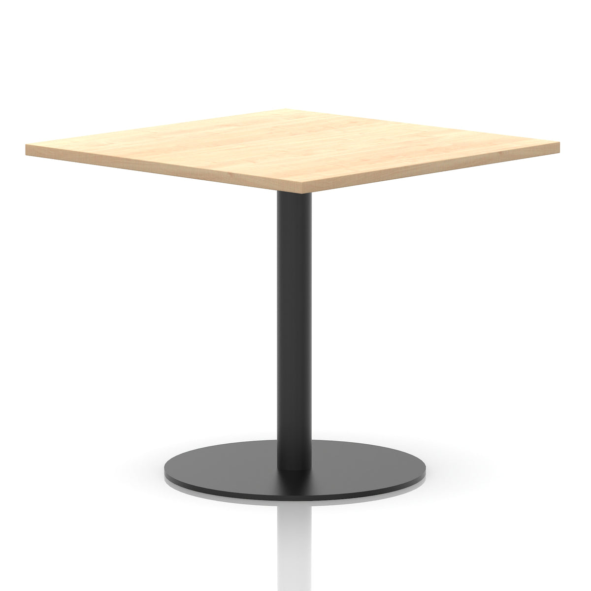 Square table with a wood-effect top and black cylindrical base on a white background