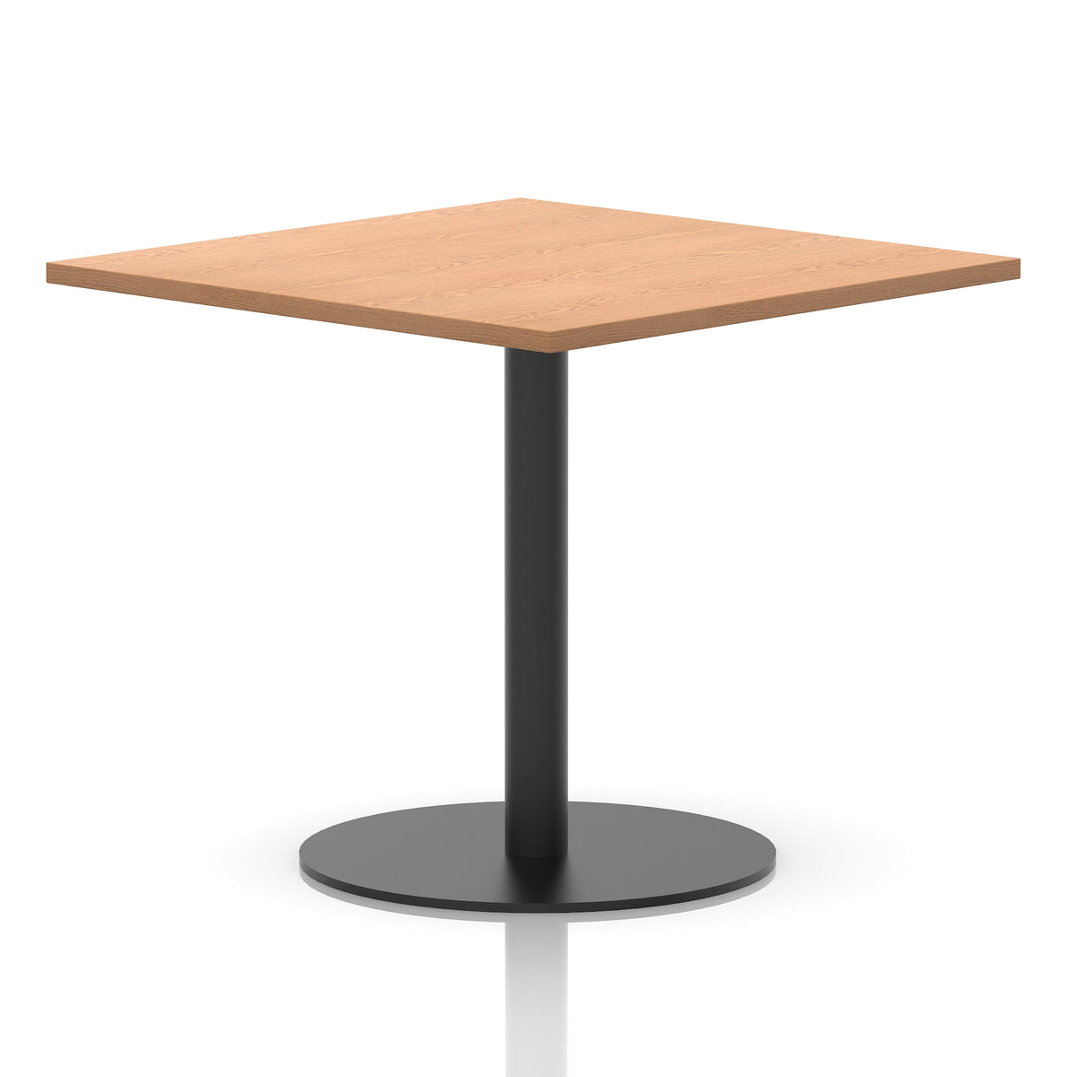 Square table with a wood-effect top and black cylindrical base on a white background