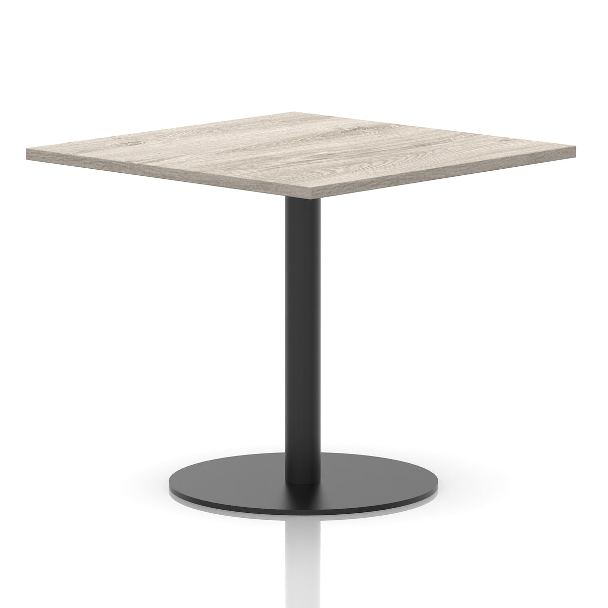 Square table with a grey wood-effect top and black cylindrical base on a white background