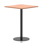 Square table with a wood-effect top and black cylindrical base on a white background