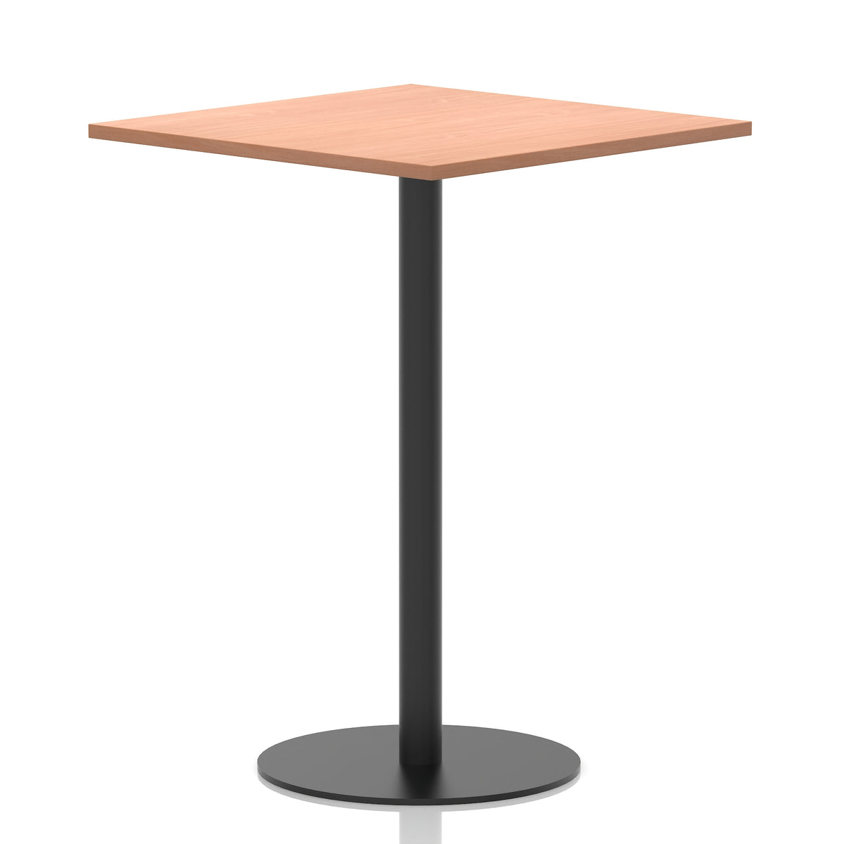 Square table with a wood-effect top and black cylindrical base on a white background