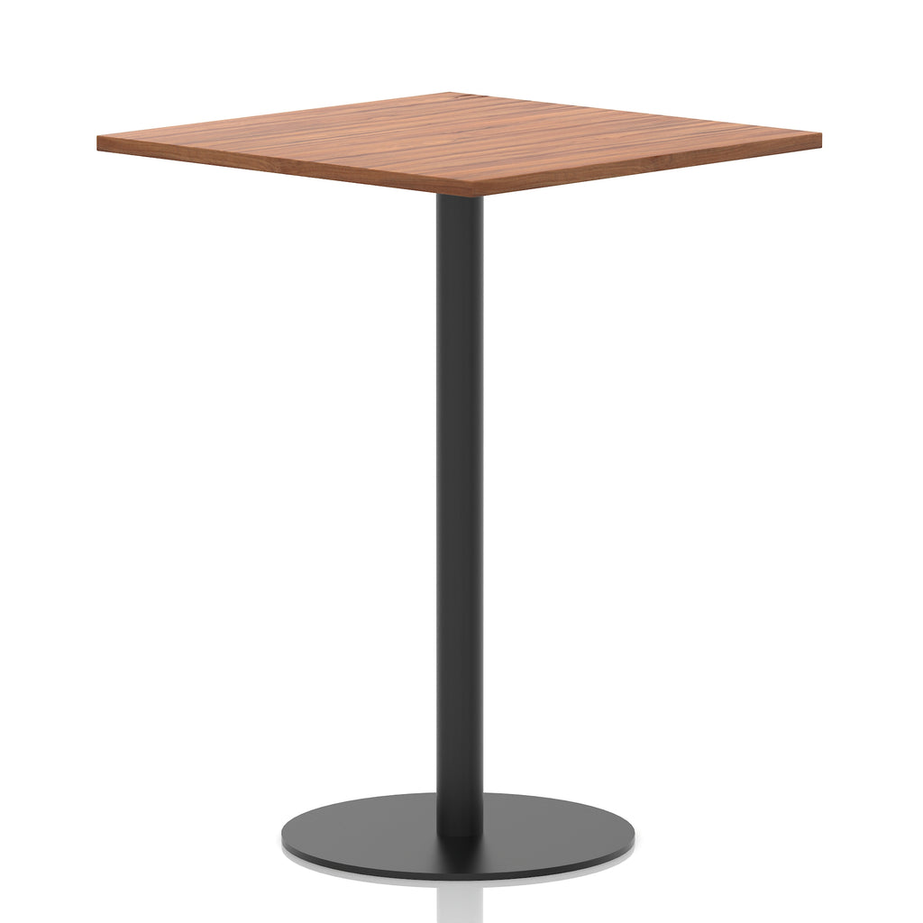 Square table with a wood-effect top and black cylindrical base on a white background